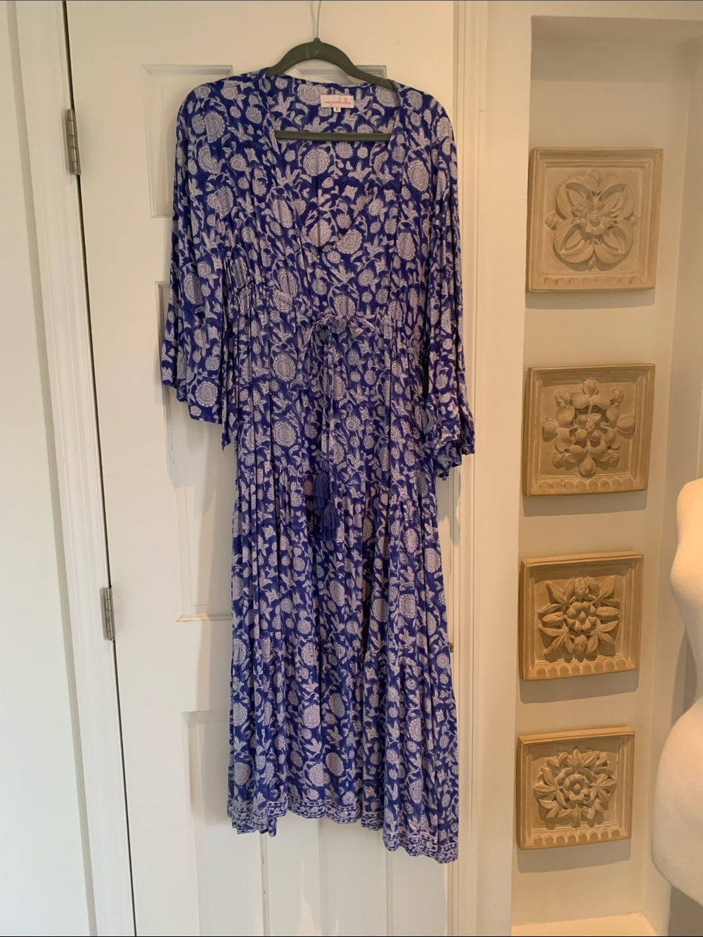 Blue Floral Wrap Maxi Dress with Tie Waist - Women's